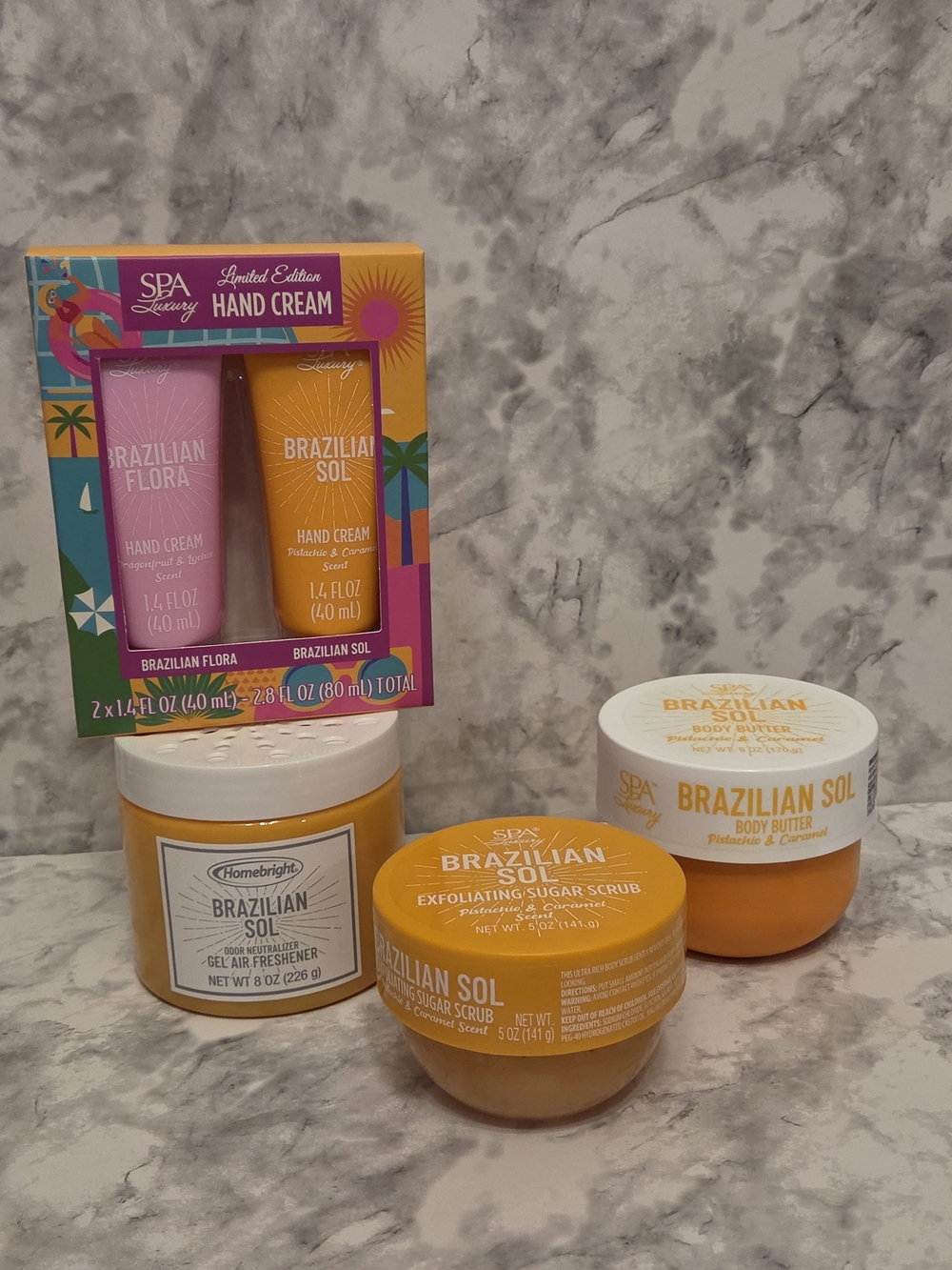 Brazilian Sol 4 Piece Set - Hand Cream, Body Butter & Scrub, Gel Air Freshener